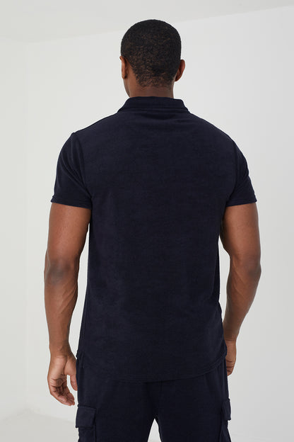 Brave Soul Navy Short Sleeve Towelling Open Collar Polo Shirt - Navy Image 2