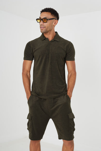 Brave Soul Khaki Short Sleeve Towelling Open Collar Polo Shirt - Khaki Image 1