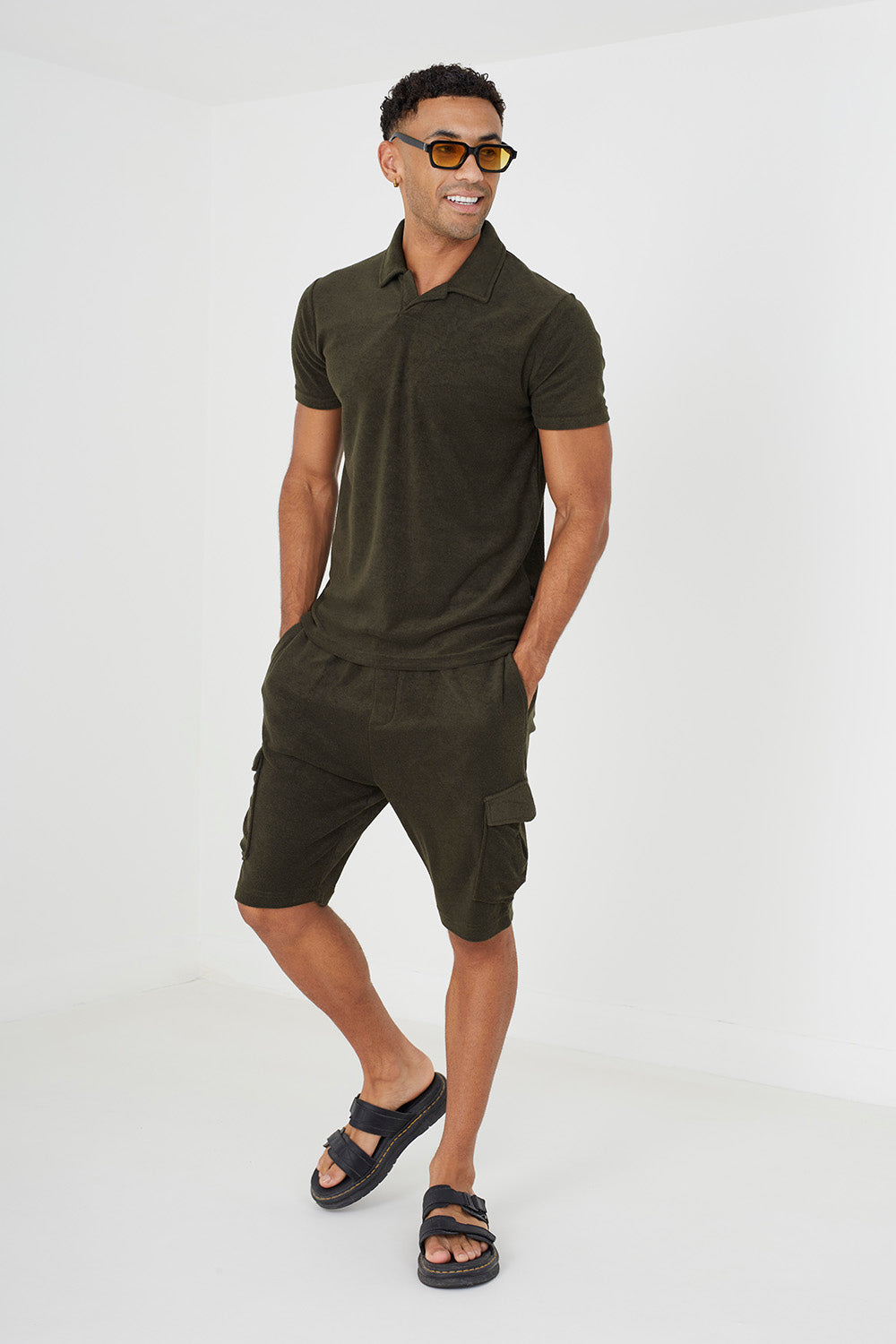 Brave Soul Khaki Short Sleeve Towelling Open Collar Polo Shirt - Khaki Image 3