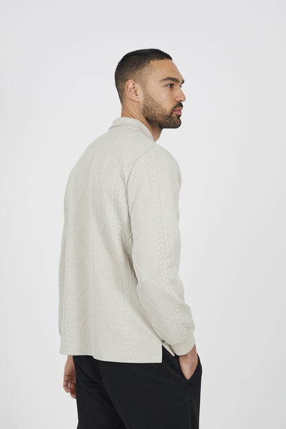 Brave Soul Stone Long Sleeve Jacquard Zip Polo - Stone Image 2
