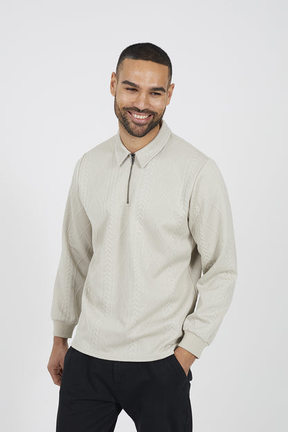 Brave Soul Stone Long Sleeve Jacquard Zip Polo - Stone Image 1