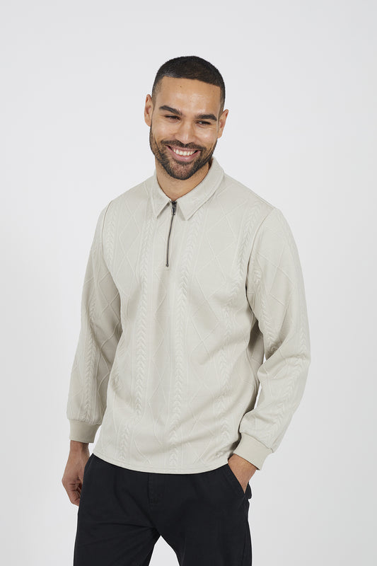 Brave Soul Stone Long Sleeve Jacquard Zip Polo - Stone Image 1