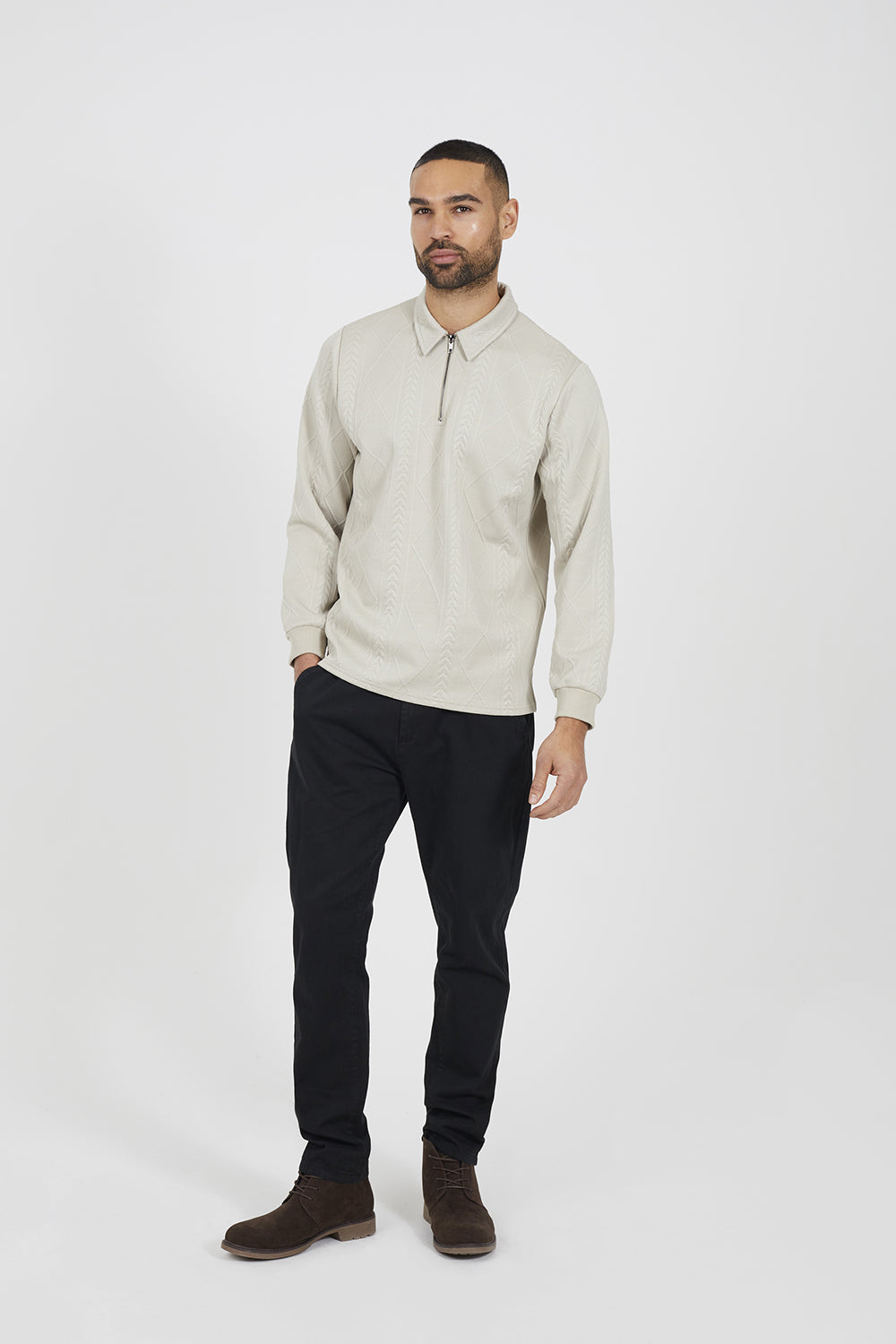 Brave Soul Stone Long Sleeve Jacquard Zip Polo - Stone Image 3