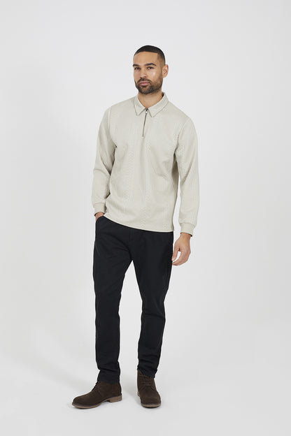 Brave Soul Stone Long Sleeve Jacquard Zip Polo - Stone Image 3