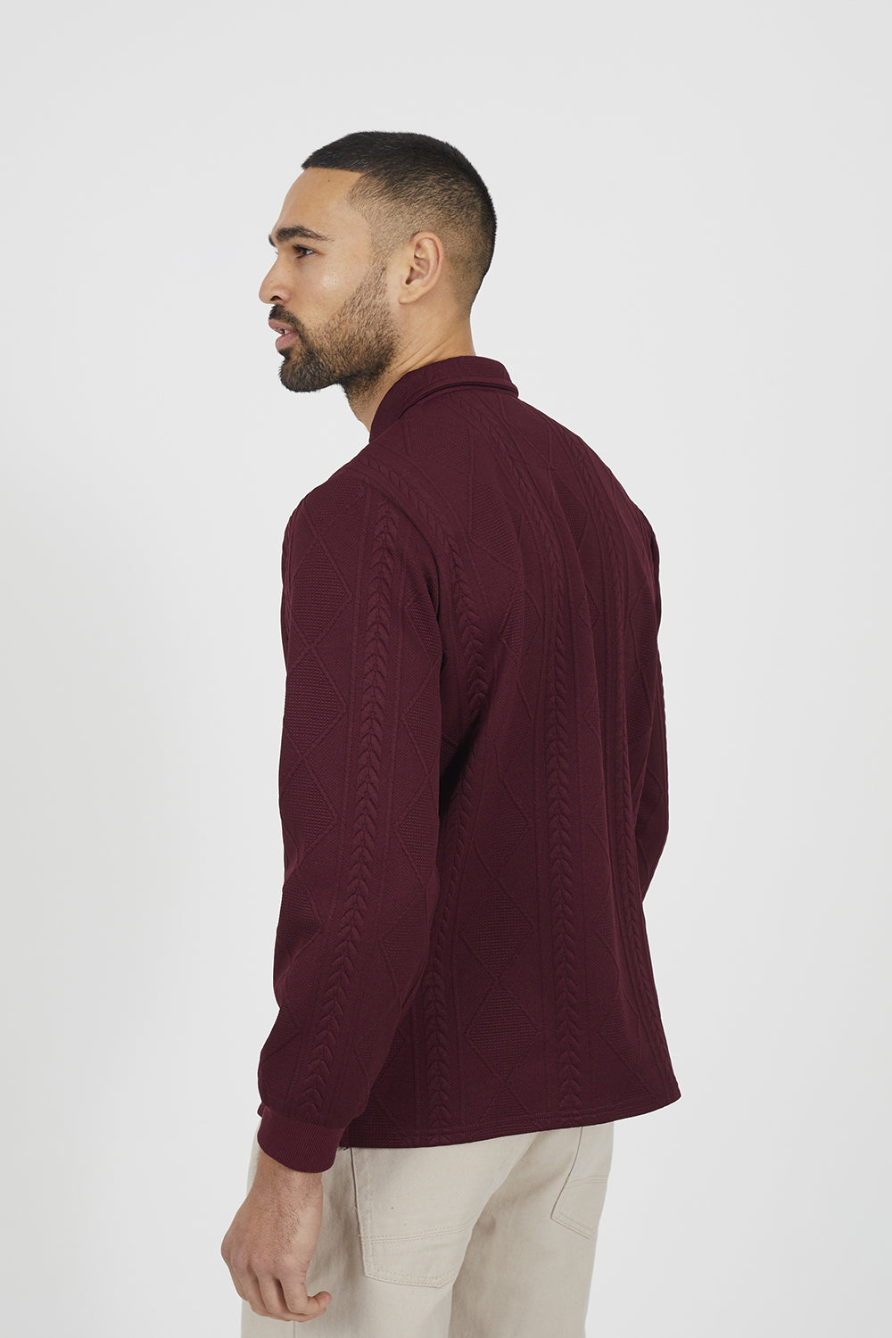 Brave Soul Burgundy Long Sleeve Jacquard Zip Polo - Burgundy Image 2