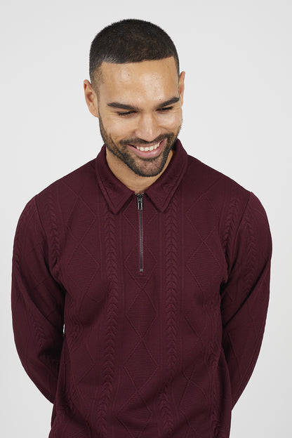 Brave Soul Burgundy Long Sleeve Jacquard Zip Polo - Burgundy Image 4