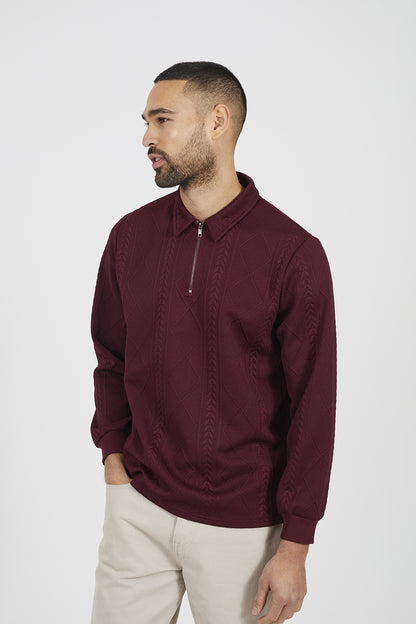 Brave Soul Burgundy Long Sleeve Jacquard Zip Polo - Burgundy Image 1