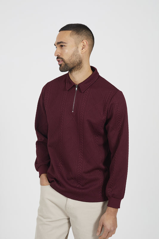 Brave Soul Burgundy Long Sleeve Jacquard Zip Polo - Burgundy Image 1