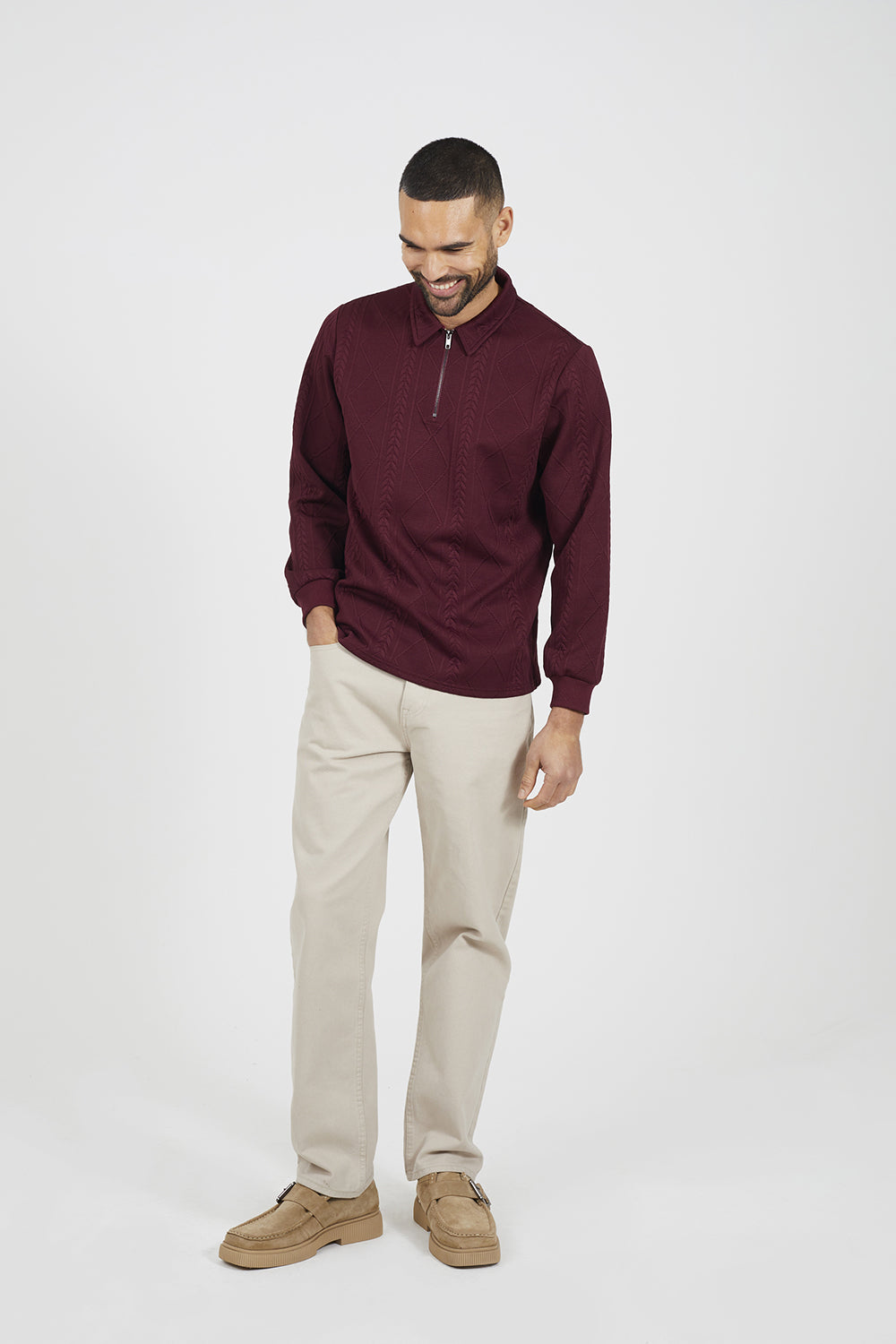 Brave Soul Burgundy Long Sleeve Jacquard Zip Polo - Burgundy Image 3