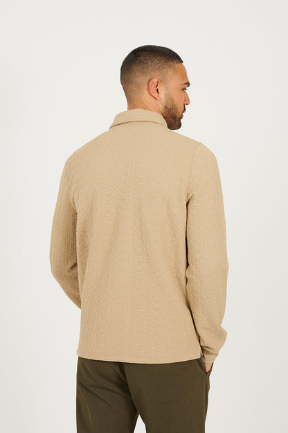 Brave Soul Stone Long Sleeve Polo with Quarter Zip - Stone Image 2