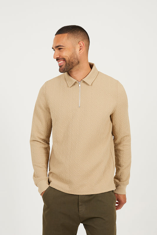 Brave Soul Stone Long Sleeve Polo with Quarter Zip - Stone Image 1