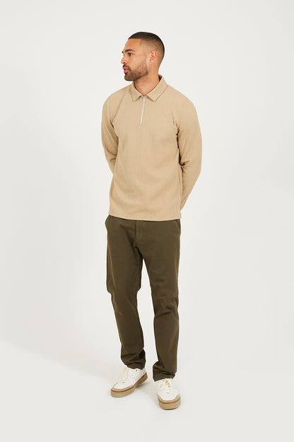Brave Soul Stone Long Sleeve Polo with Quarter Zip - Stone Image 3