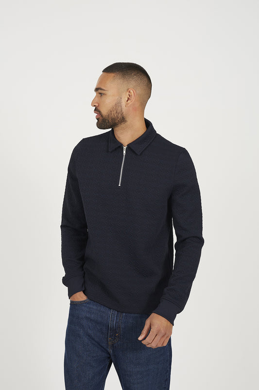 Brave Soul Navy Long Sleeve Polo with Quarter Zip - Navy Image 1