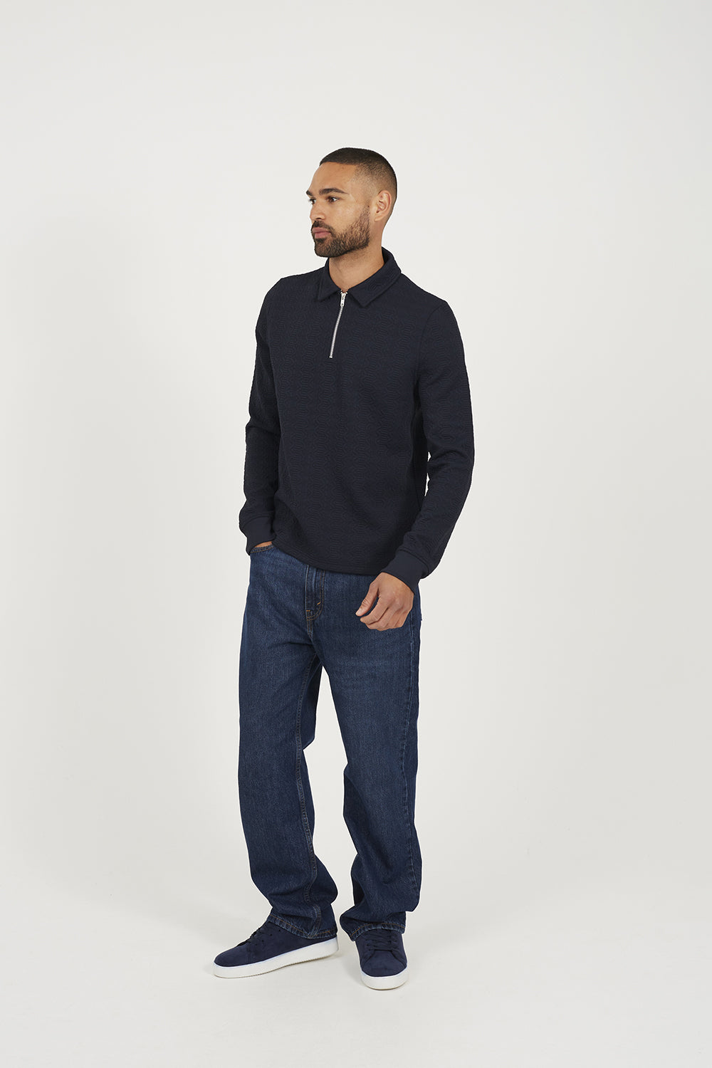 Brave Soul Navy Long Sleeve Polo with Quarter Zip - Navy Image 3