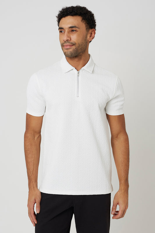Brave Soul Off White Quarter Zip Short Sleeve Polo Shirt - Off White Image 1