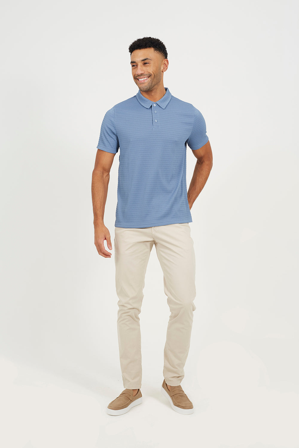 Brave Soul Light Blue Jacquard Short Sleeve Polo Shirt - Light Blue Image 3