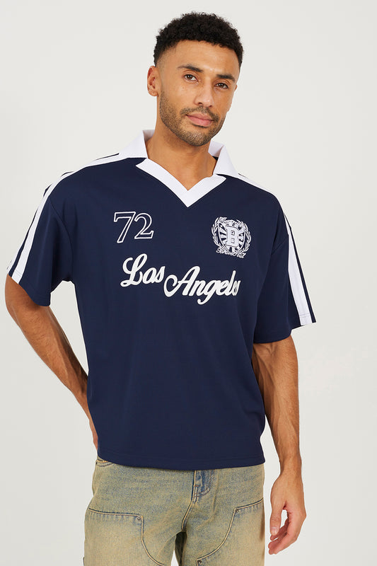 Brave Soul Navy Football Style Polo Shirt - Navy Image 1