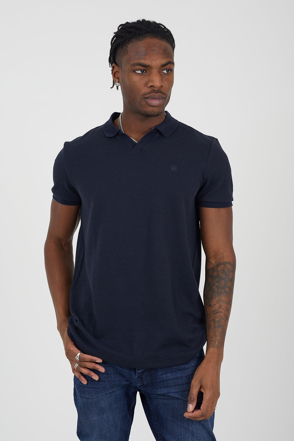 Brave Soul Navy Embroidered Trophy Neck Polo - Navy Image 1