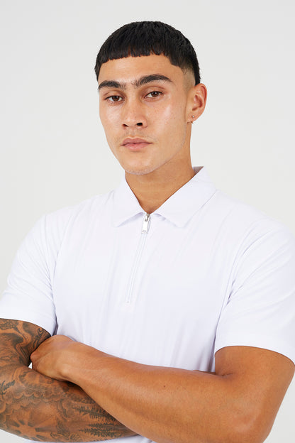 Brave Soul White Cotton Polo Top with Quarter Zip - White Image 4
