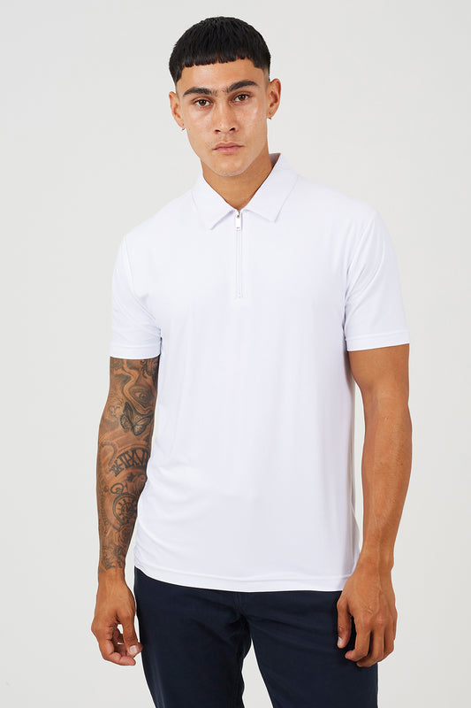 Brave Soul White Cotton Polo Top with Quarter Zip - White Image 1