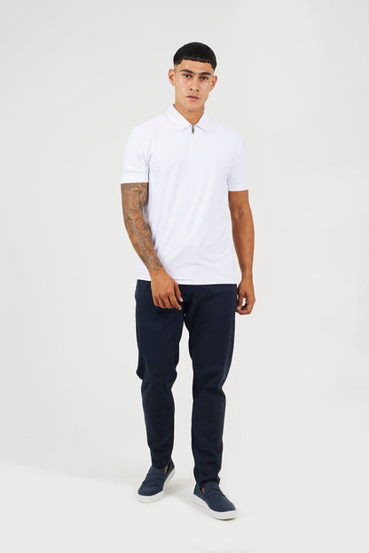 Brave Soul White Cotton Polo Top with Quarter Zip - White Image 3