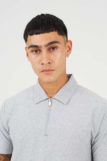 Brave Soul Light Grey Cotton Polo Top with Quarter Zip - Light Grey Image 4