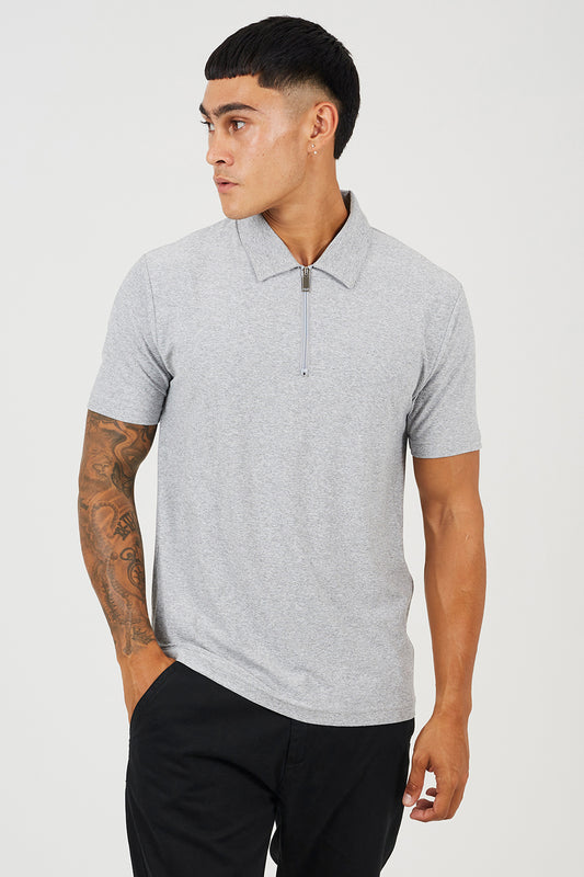 Brave Soul Light Grey Cotton Polo Top with Quarter Zip - Light Grey Image 1
