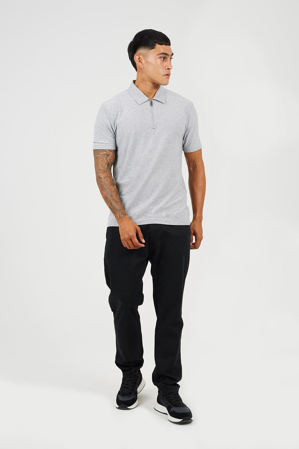 Brave Soul Light Grey Cotton Polo Top with Quarter Zip - Light Grey Image 3
