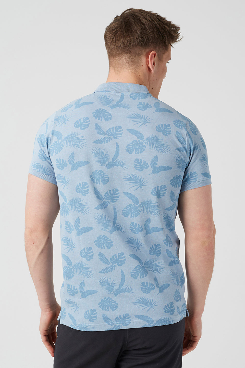 Brave Soul Blue Leaf Print Cotton Polo Shirt - Blue Image 2