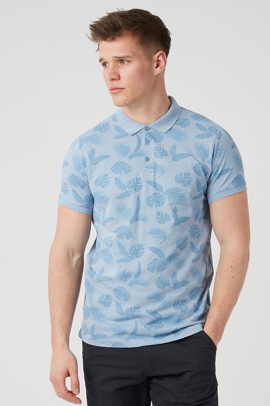 Brave Soul Blue Leaf Print Cotton Polo Shirt - Blue Image 1