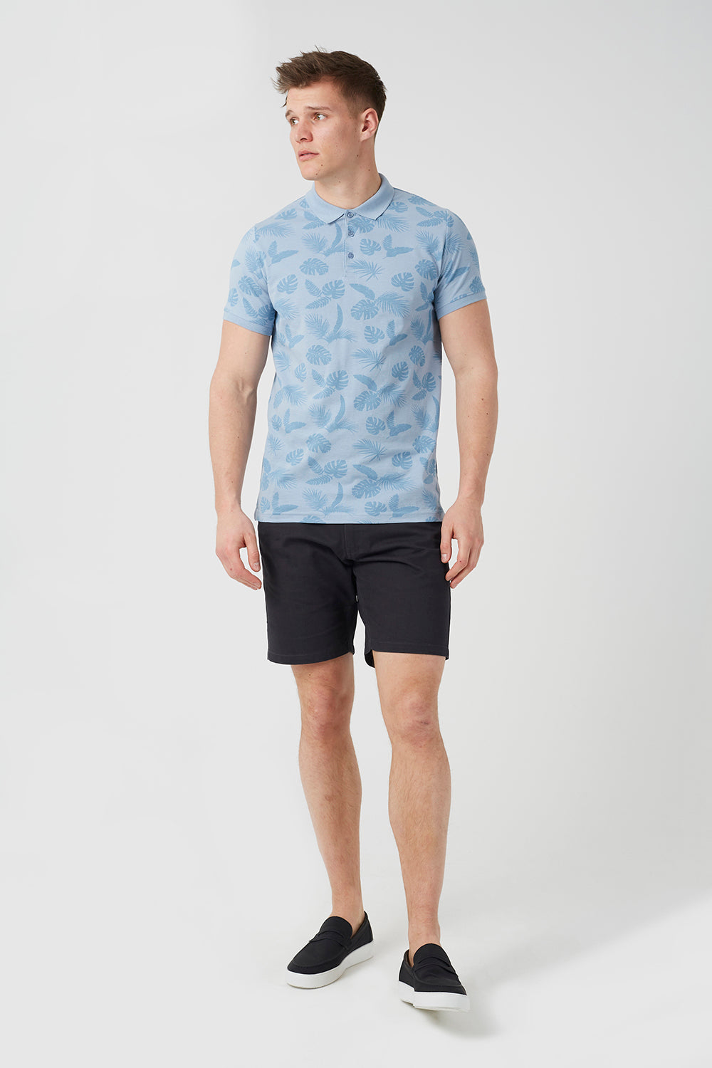 Brave Soul Blue Leaf Print Cotton Polo Shirt - Blue Image 3
