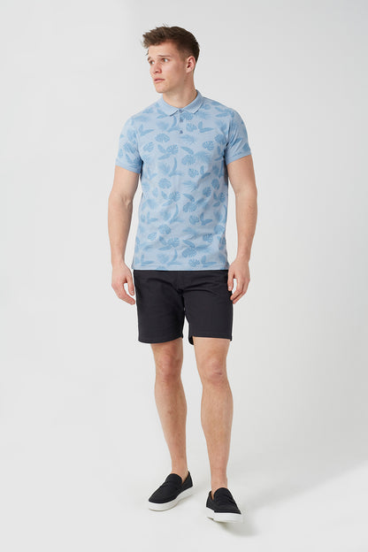 Brave Soul Blue Leaf Print Cotton Polo Shirt - Blue Image 3