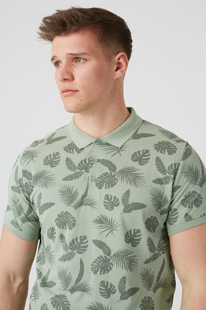 Brave Soul Mint Leaf Print Cotton Polo Shirt - Mint Image 4