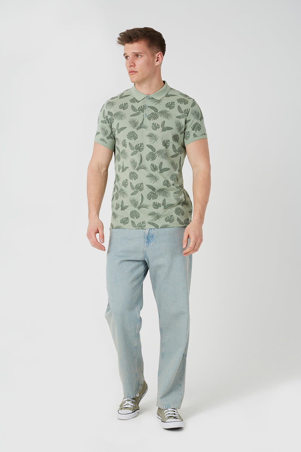 Brave Soul Mint Leaf Print Cotton Polo Shirt - Mint Image 3