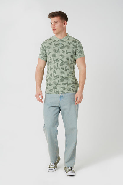 Brave Soul Mint Leaf Print Cotton Polo Shirt - Mint Image 3