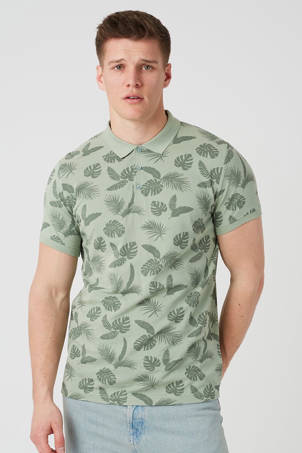 Brave Soul Mint Leaf Print Cotton Polo Shirt - Mint Image 1