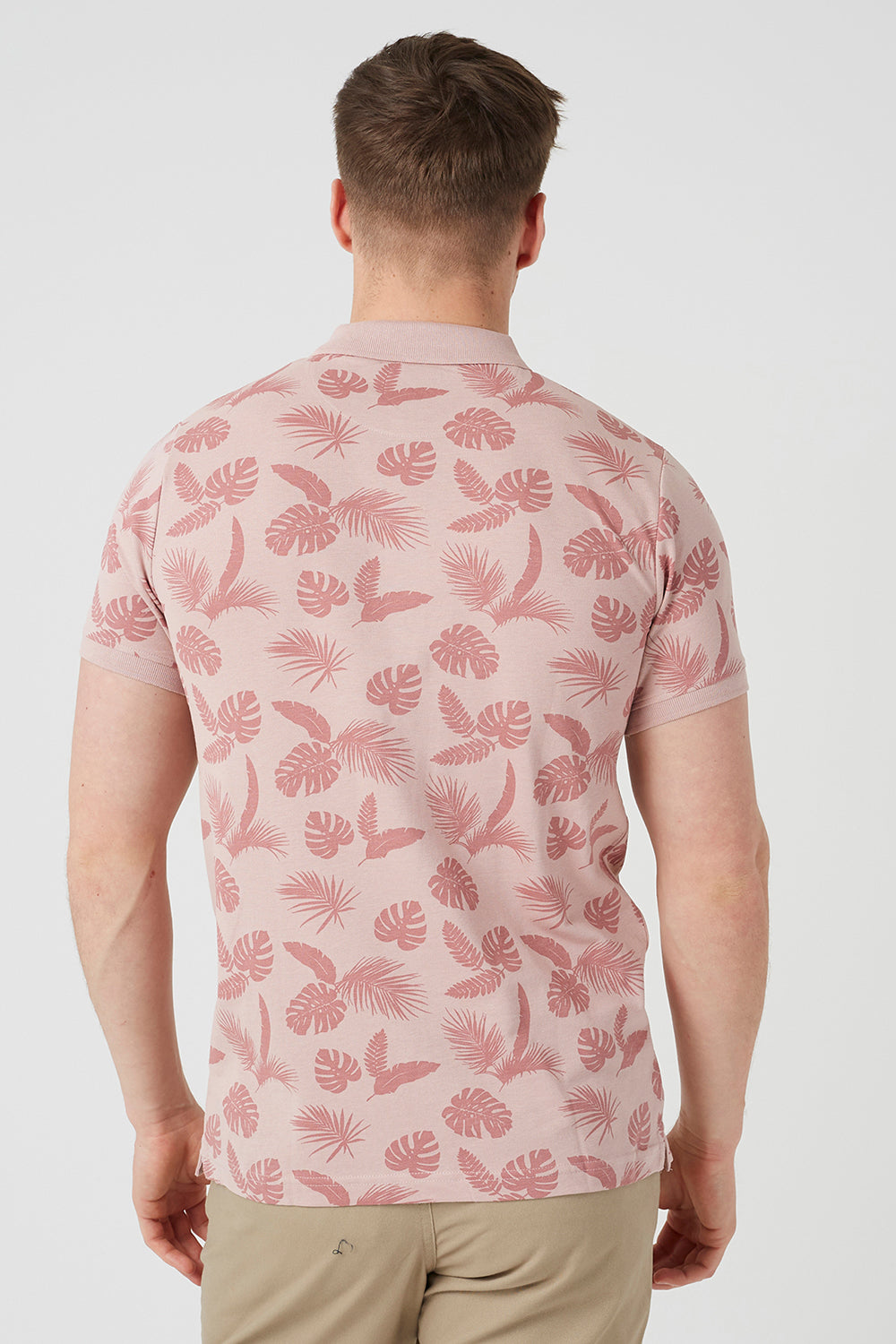 Brave Soul Pink Leaf Print Cotton Polo Shirt - Pink Image 2
