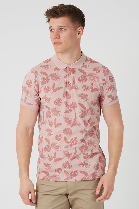Brave Soul Pink Leaf Print Cotton Polo Shirt - Pink Image 1