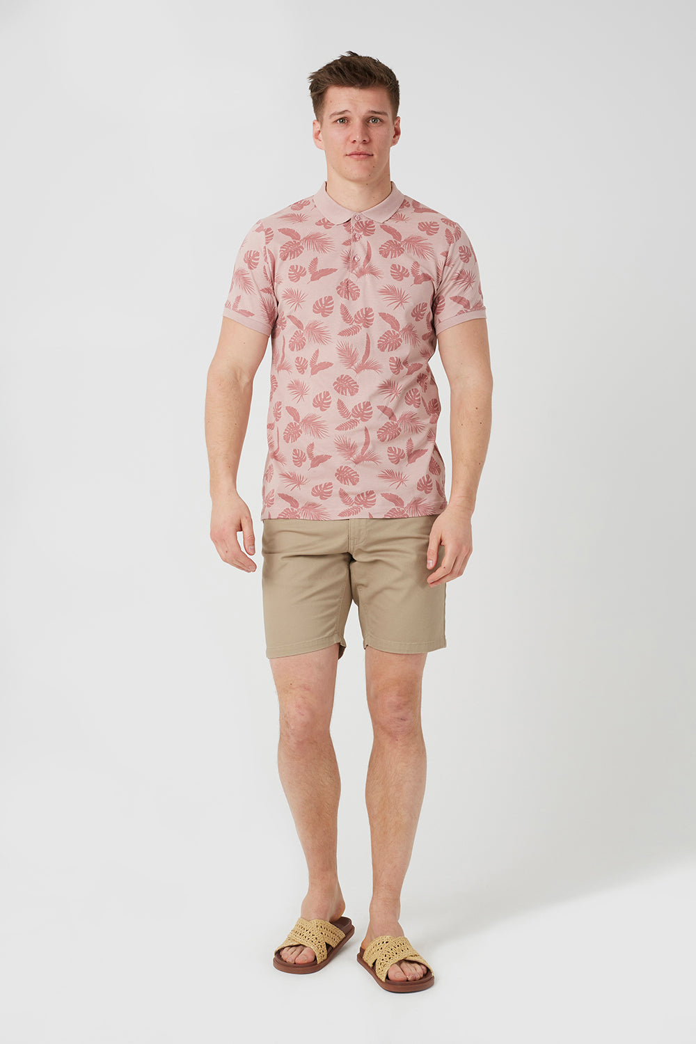 Brave Soul Pink Leaf Print Cotton Polo Shirt - Pink Image 3