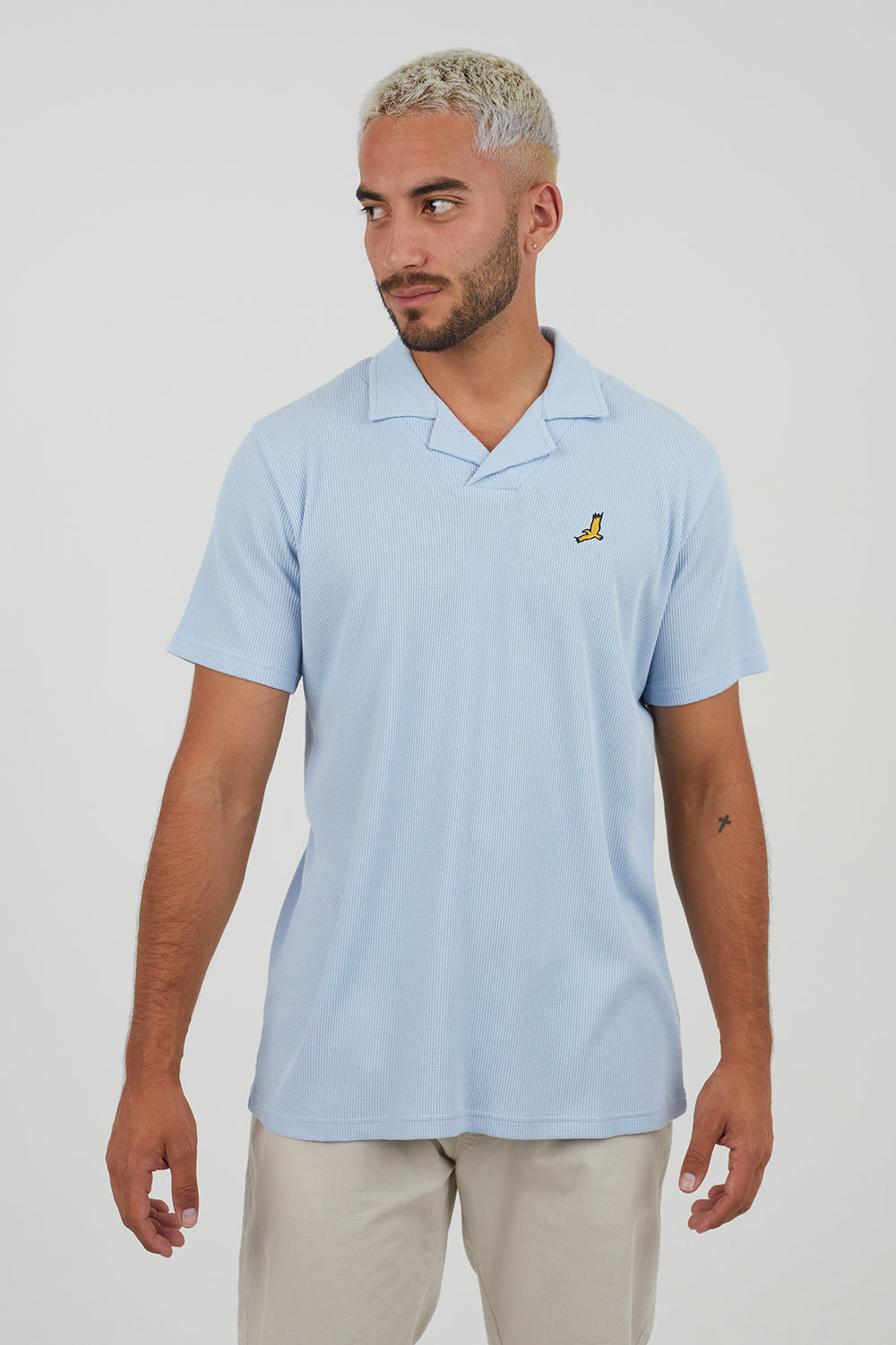 Brave Soul Blue Cotton Blend Waffle Polo Shirt - Blue Image 1