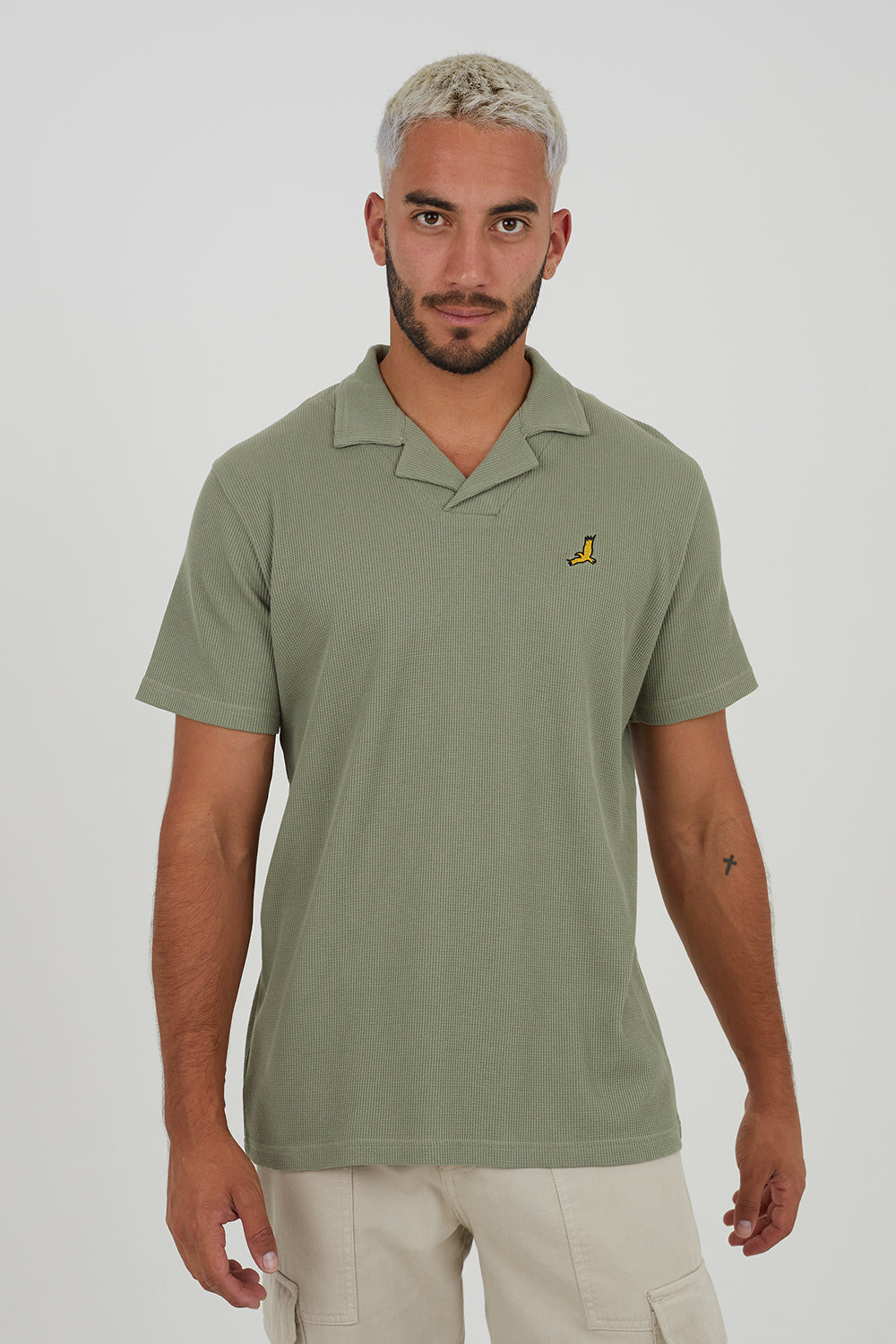 Brave Soul Pale Green Cotton Blend Waffle Polo Shirt - Pale Green Image 1