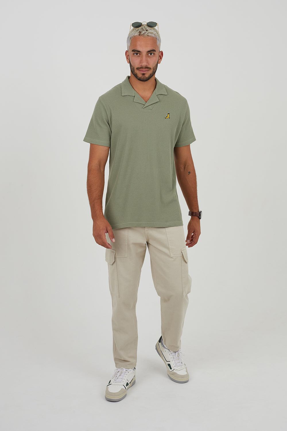 Brave Soul Pale Green Cotton Blend Waffle Polo Shirt - Pale Green Image 3