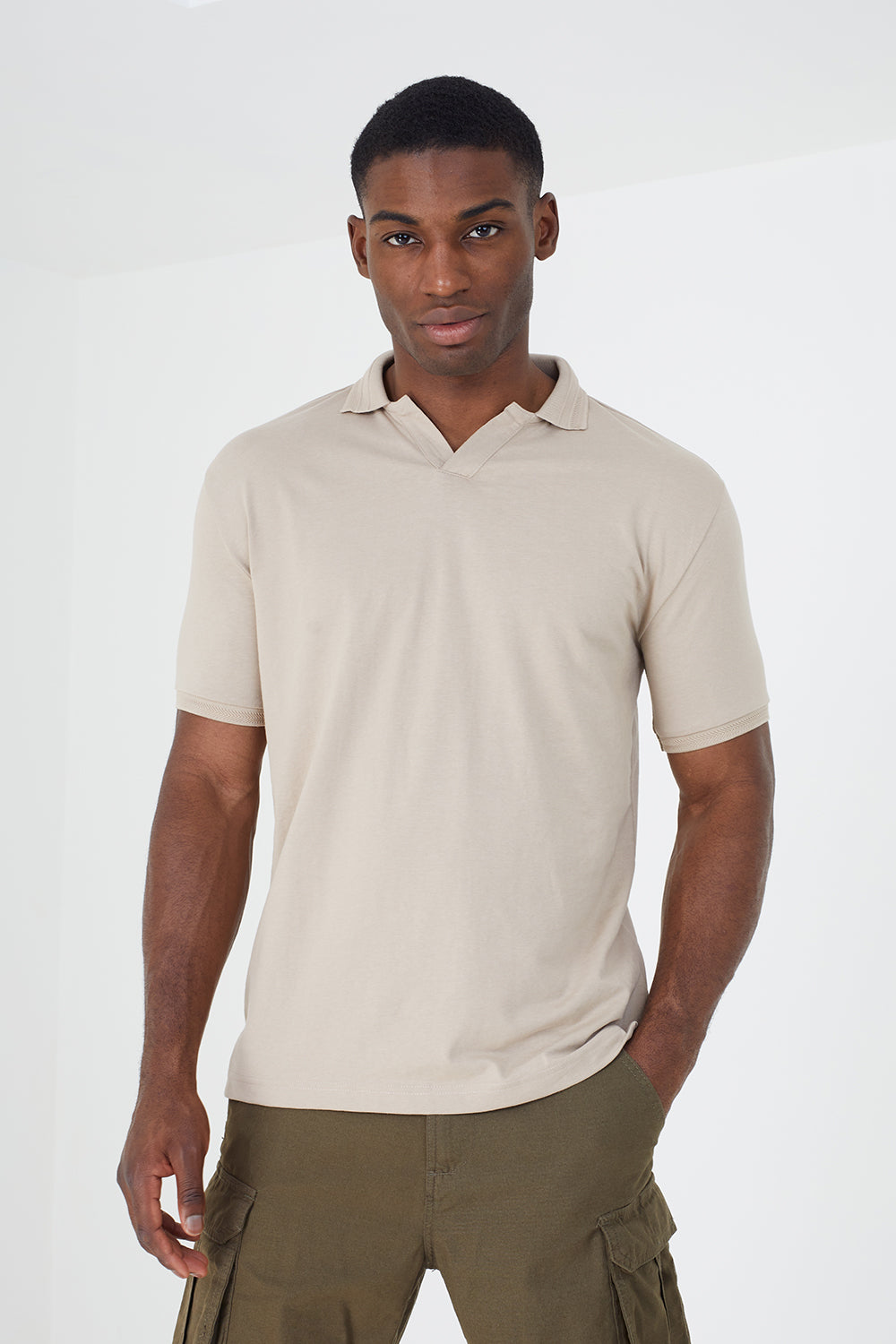 Brave Soul Light Sand Short Sleeve Jacquard Trim Polo Shirt - Light Sand Image 1