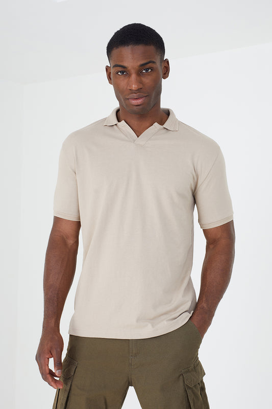 Brave Soul Light Sand Short Sleeve Jacquard Trim Polo Shirt - Light Sand Image 1