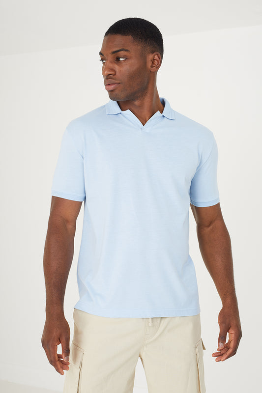 Brave Soul Light Blue Short Sleeve Jacquard Trim Polo Shirt - Light Blue Image 1