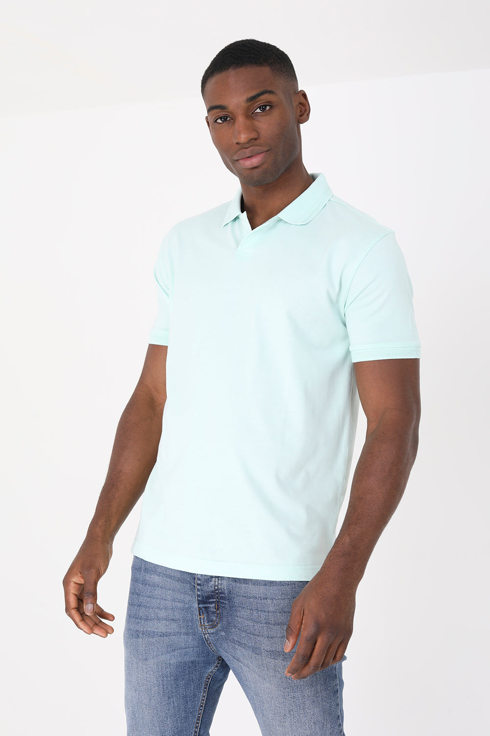 Brave Soul Pale Green Short Sleeve Jacquard Trim Polo Shirt - Pale Green Image 1