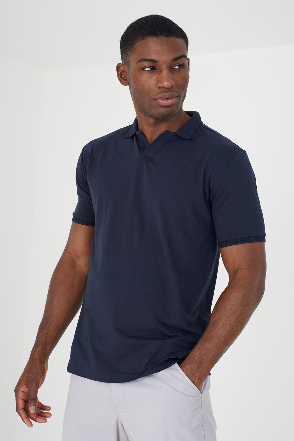 Brave Soul Navy Short Sleeve Jacquard Trim Polo Shirt - Navy Image 1