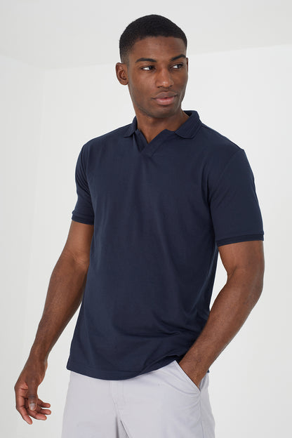 Brave Soul Navy Short Sleeve Jacquard Trim Polo Shirt - Navy Image 1