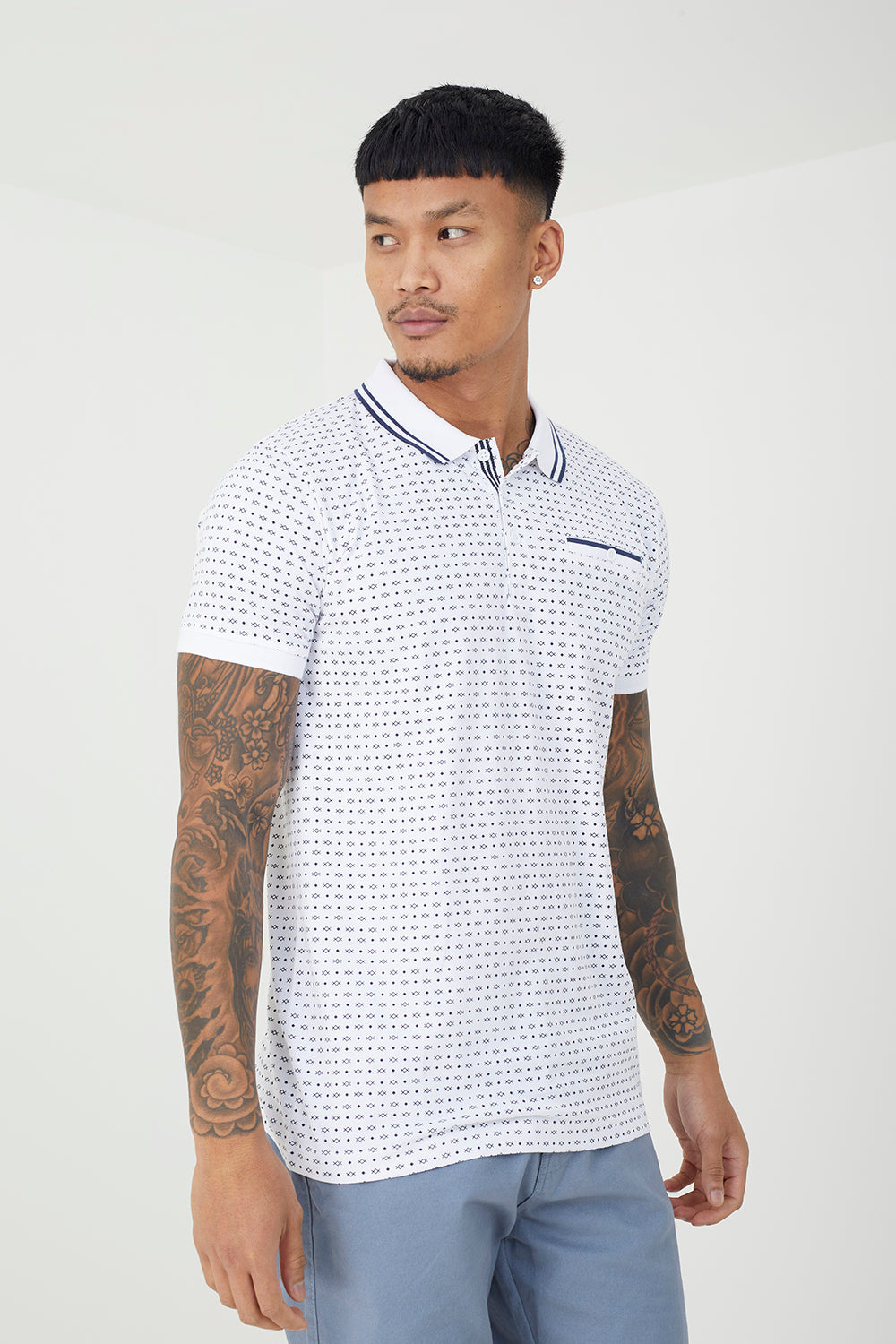Brave Soul White Cotton Print Polo Shirt - White Image 1