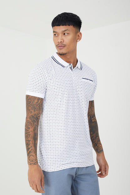 Brave Soul White Cotton Print Polo Shirt - White Image 1